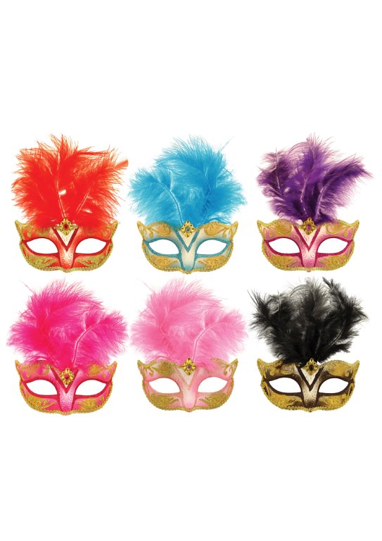 Glitter Eye Masks with Feathers (6 Assorted Colours)