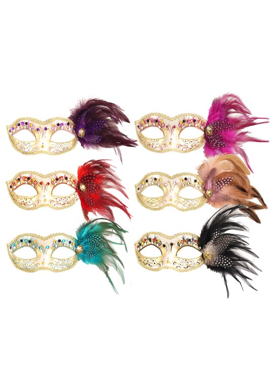Jewelled Eye Masks with Feathers (6 Assorted Colours)