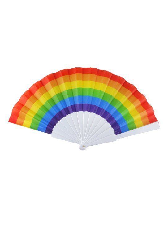 Rainbow Pride Folding Plastic Fan with White Handle (23cm)