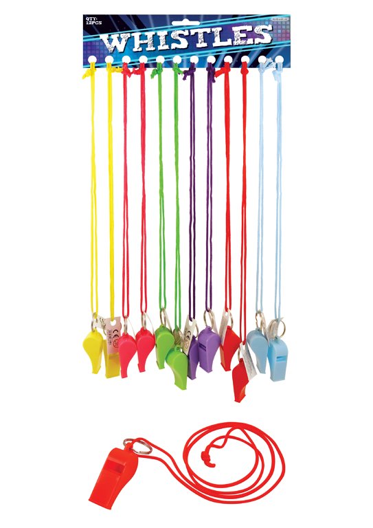 Plastic Neon Whistles with Cords (6 Assorted Colours)