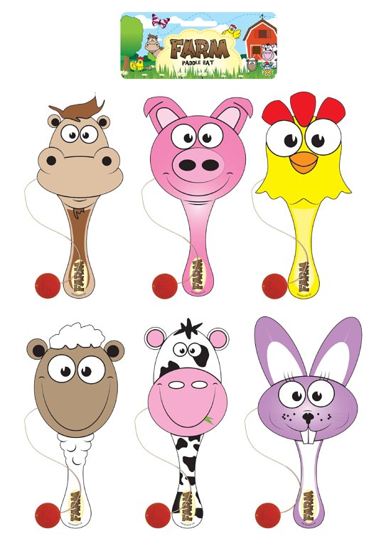 Farm Animals Wooden Paddle Bat and Ball Games (22cm) 6 Assorted Designs