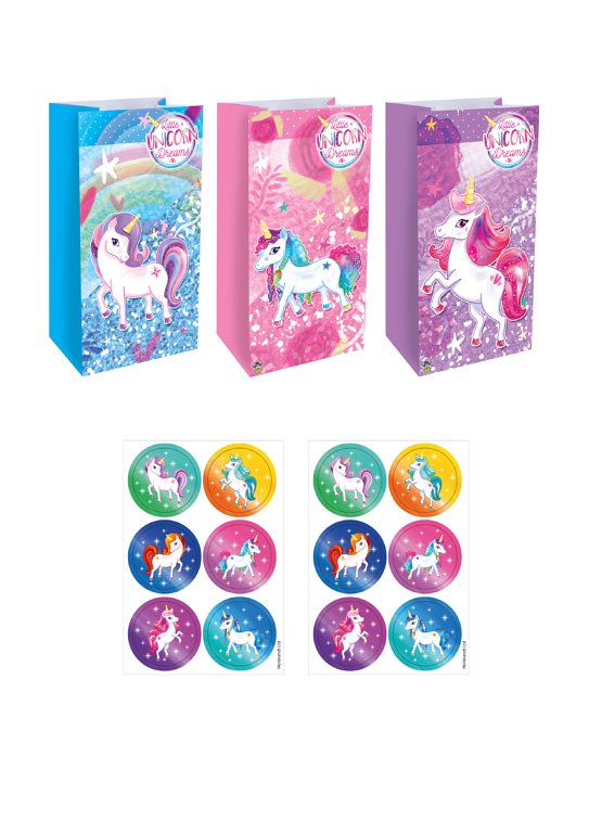 Unicorn Paper Party Bags with Stickers (3 Assorted Designs)