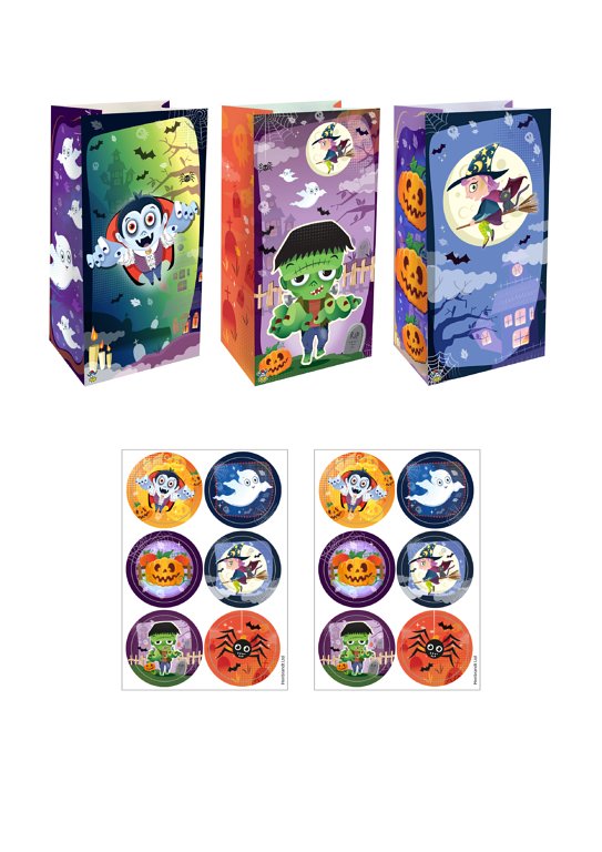 Halloween Paper Party Bags with Stickers (3 Assorted Colours)