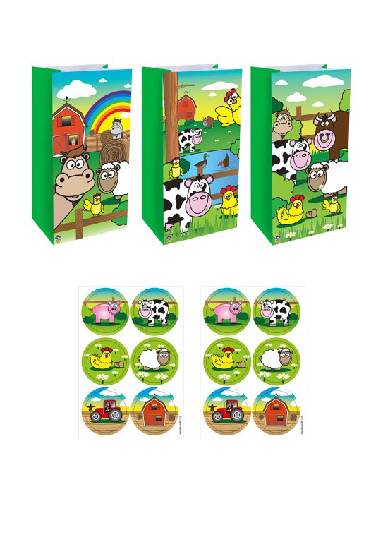 Farm Animal Paper Party Bags with Stickers (3 Assorted Designs)