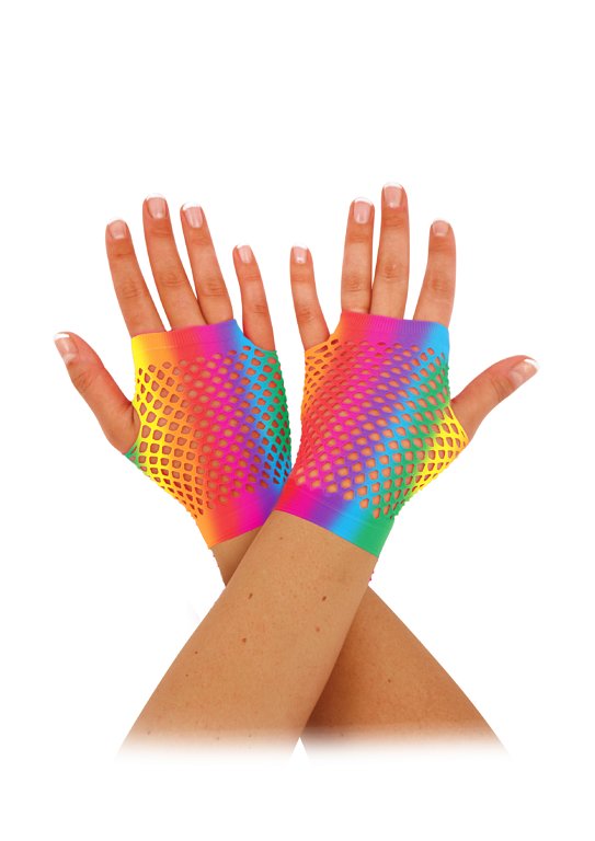 Rainbow Short Fingerless Fishnet Gloves