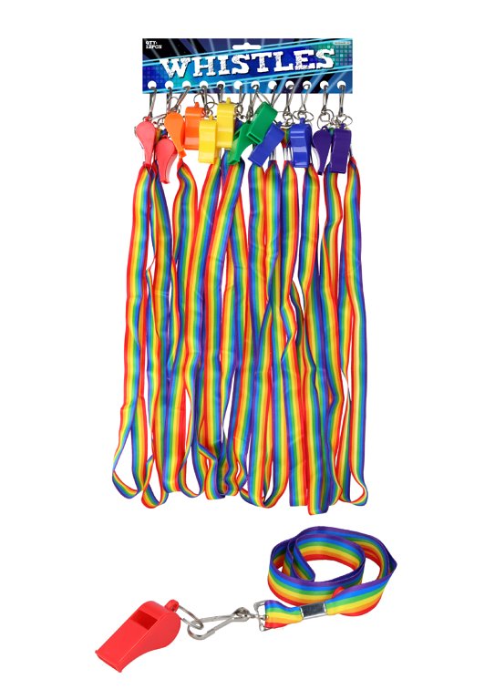 Plastic Whistles (5.5cm) with Pride Cords - 6 Assorted Colours