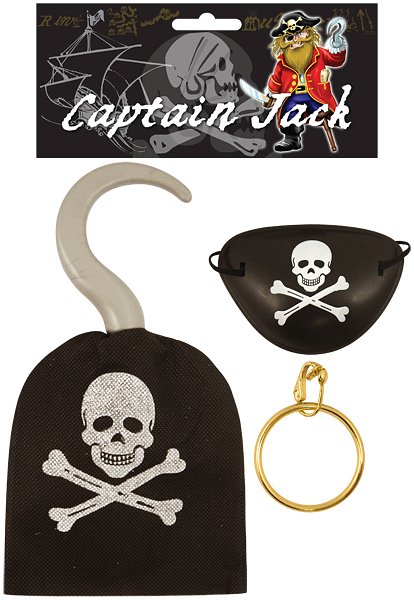 Children's 3pc Pirate Fancy Dress Accessories Pack - Hook, Earring & Eyepatch