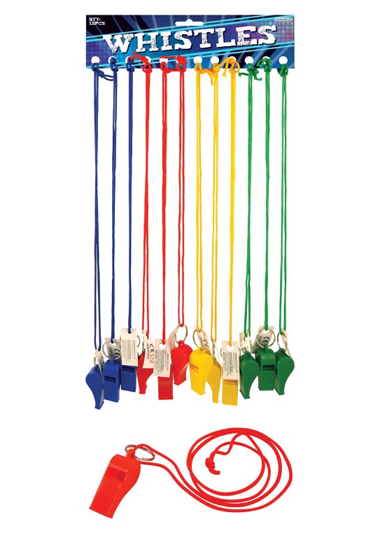 Plastic Whistles with Strings (5.5cm) 4 Assorted Colours