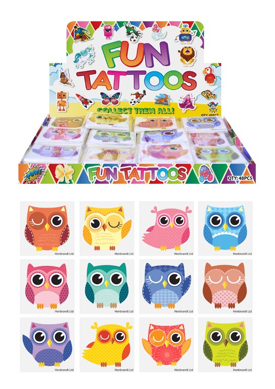 Mini Owl Temporary Tattoos (4cm) 12 Piece Packs