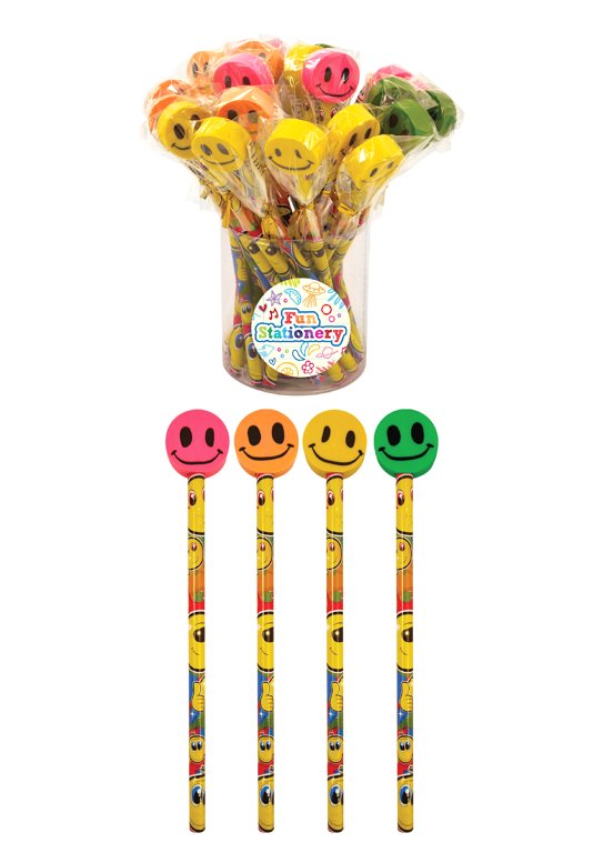 Yellow Smile Pencils with Smiling Eraser Toppers (4 Assorted Colours)