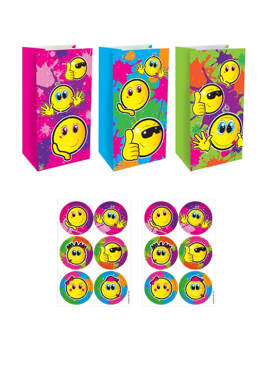 Yellow Smile Paper Party Bags with Stickers (3 Assorted Designs)