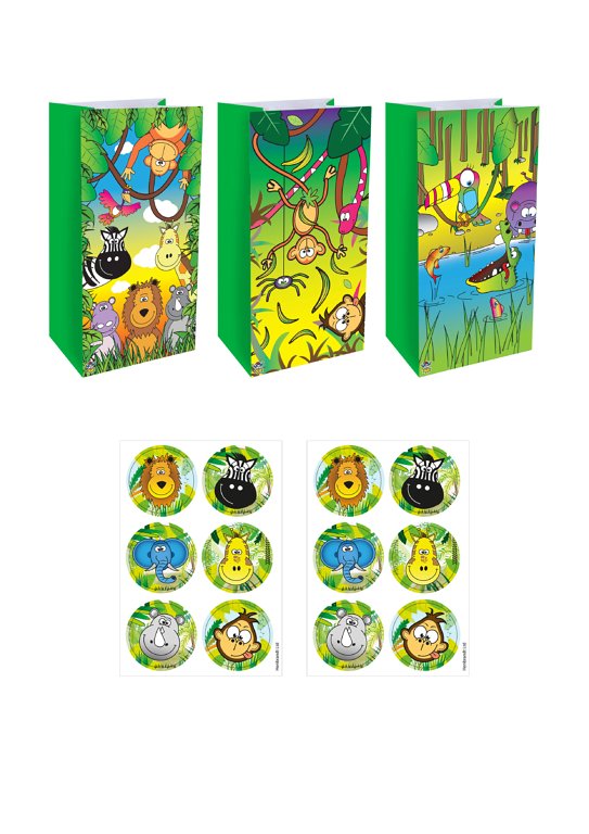 Jungle Animal Paper Party Bags with Stickers (3 Assorted Designs)