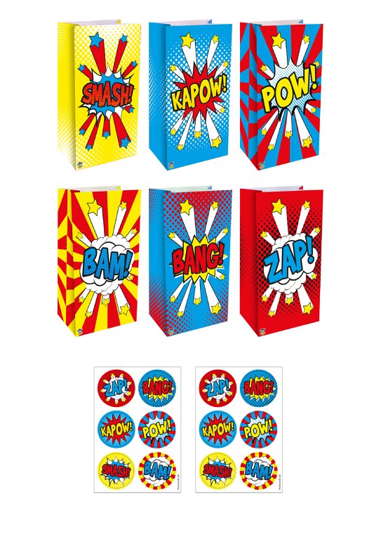 Comic Impact Paper Party Bags with Stickers (3 Assorted Designs)