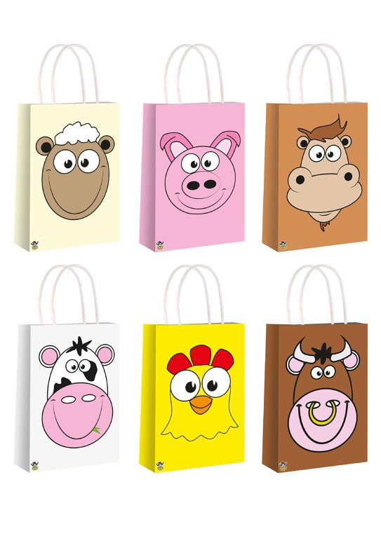Farm Animal Faces Paper Party Bag with Handles, 6 Assorted Designs