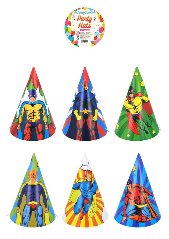 DIY Superhero Party Cone Hat (16.5cm) 6 Assorted Designs