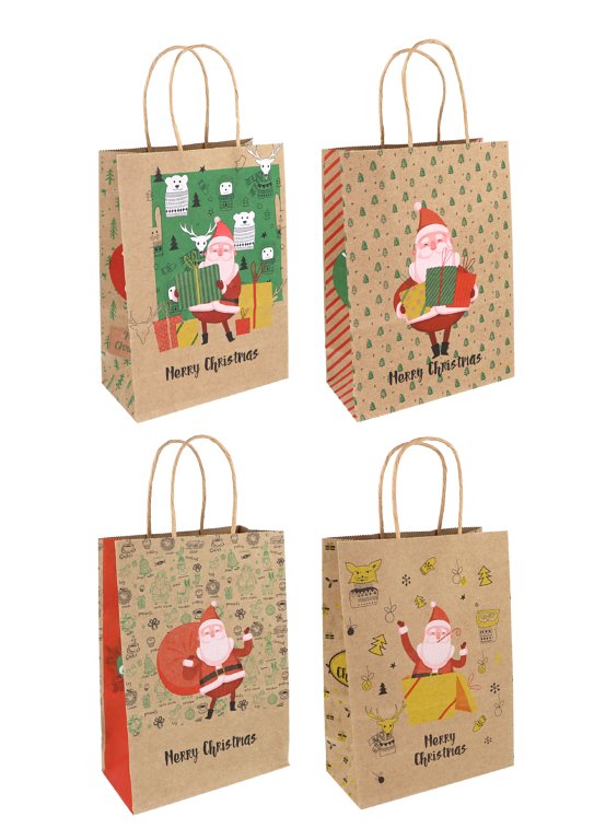 Christmas Paper Party Bag with Coloured Handles (16 x 22 x 8cm) 4 Assorted Designs