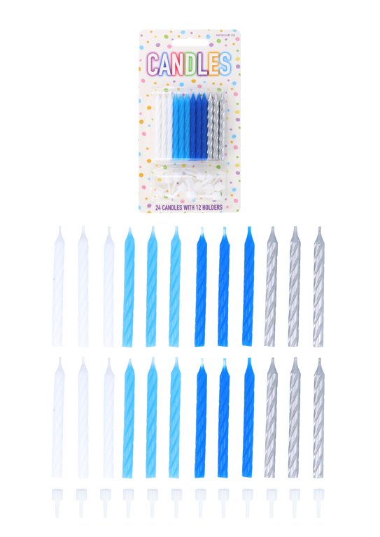 24-Pack White, Blue and Silver Party Candles with 12 Holders (6cm)
