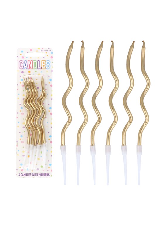 6-Pack Gold Tall Wavy Party Candles with Holders (12cm)