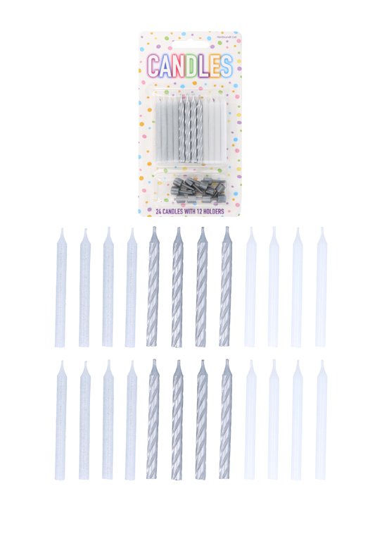 24-Pack Silver Party Candles with 12 Holders (6cm) 3 Assorted Styles