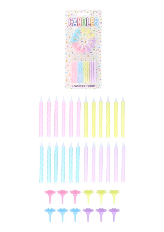 24-Pack Pastel Party Candles with 12 Holders (6cm)