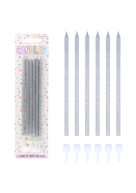 6-Pack Glitter Silver Tall Party Candles with Holders (14cm)