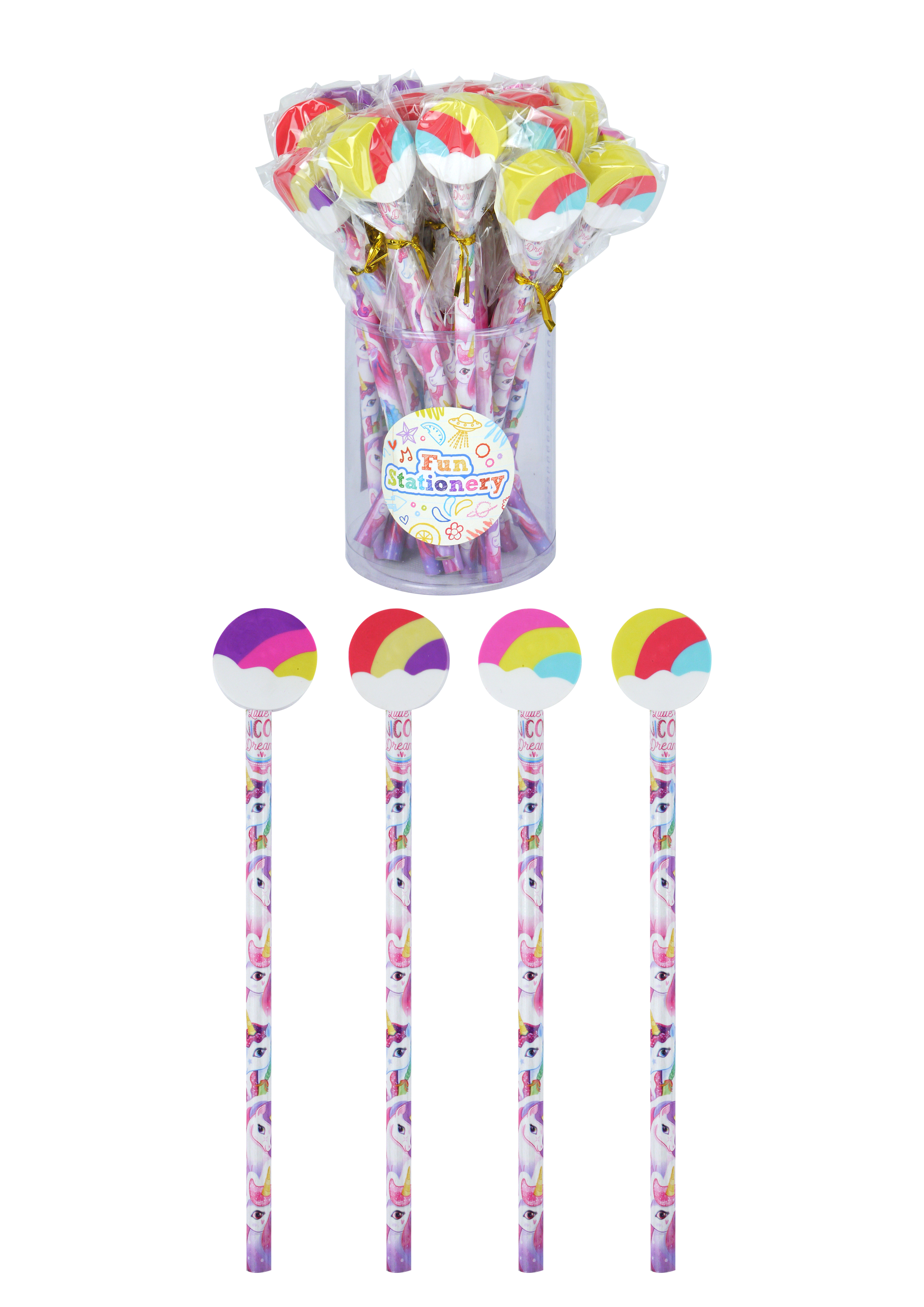 Unicorn Pencils with Eraser Toppers (4 Assorted Colours) : Henbrandt Ltd